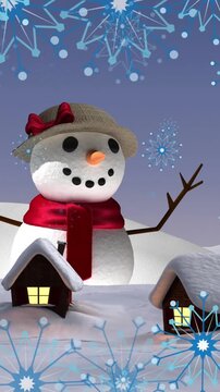 Animation of blue snowflakes icons over snowman and houses icon against winter landscape