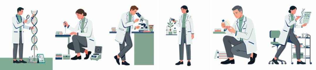 Obraz premium Collection of diverse scientists and researchers performing various laboratory experiments, genetic analysis, and botanical studies in a modern flat illustration style.