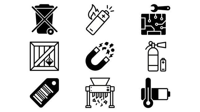 E-Waste Battery Recycling Compliance Icon Set, WEEE Directive Lithium Hazard Producer Responsibility Data Destruction Vector Icons