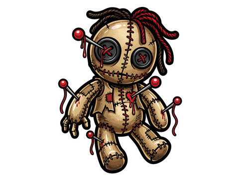 Creepy Halloween Voodoo Doll Pinned with Needles Vector Illustration - Dark Magic Doll Sticker Isolated
