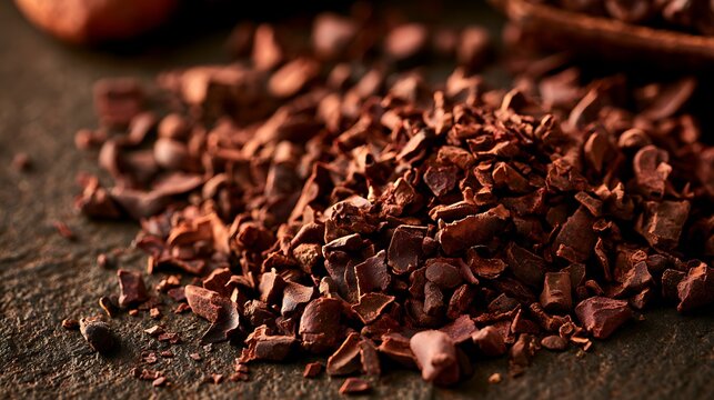 A close up view of raw organic cacao nibs on a dark rustic wooden background.