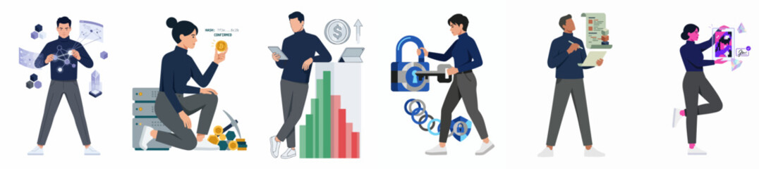 Fototapeta premium Collection of flat design illustrations showing people interacting with cryptocurrency, bitcoin mining, blockchain technology, digital security, and NFT marketplace concepts.