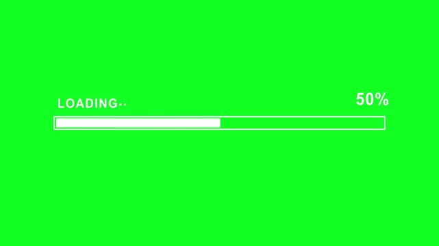 Digital progress bar loading animation with percentage counter on green screen background, for seamless chroma, key compositing in, software development, web, and user interface, tech projects