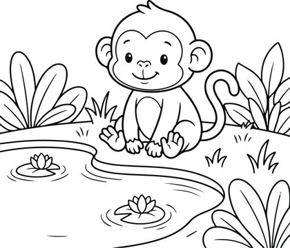 Cute cartoon monkey sitting by a pond with water lilies