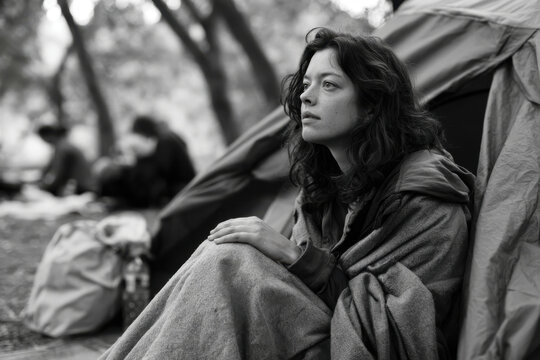 In a black and white scene, a woman reflects quietly while seated at a campsite, capturing a moment of introspection and emotional depth amidst the tranquil backdrop of nature.