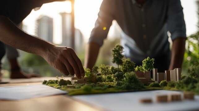 Architectural Collaboration: Two architects meticulously examine a detailed landscape model, planning the future of urban development under the warm glow of the sun.