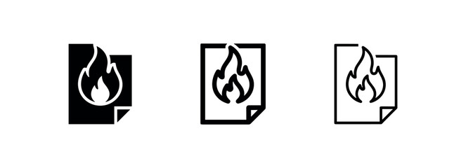 Burning file or fire document icons set. Danger, warning, and data loss symbol for errors. © liubomir118809