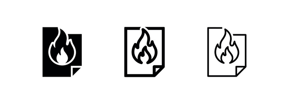 Burning file or fire document icons set. Danger, warning, and data loss symbol for errors.