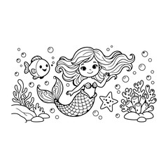 Fototapeta premium Cute little mermaid with fish and starfish coloring page vector illustration for kids