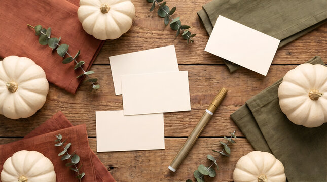 Crafting Thanksgiving Dinner Place Cards Mockup with White Mini Pumpkins Linen Napkins and Gold Pen