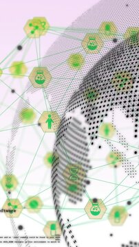 Animation of network of digital icons over spinning globe and data processing on white background