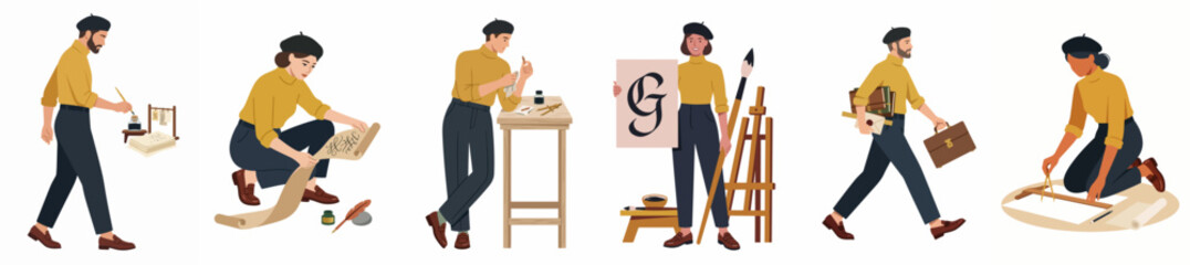 Fototapeta premium Collection of flat vector illustrations featuring diverse men and women engaged in creative arts like painting, calligraphy, and sketching on white background.