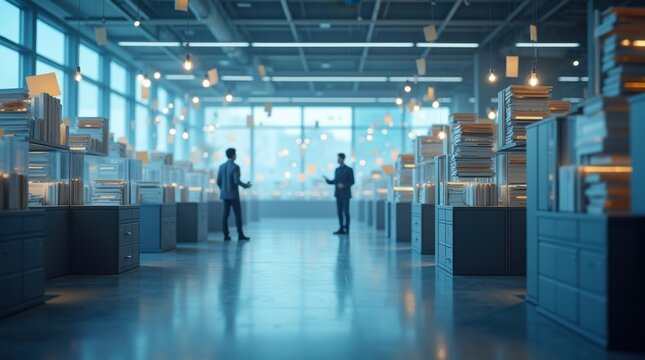 Un amplio entorno corporativo donde cientos de carpetas digitales fluyen con fluidez por el aire
