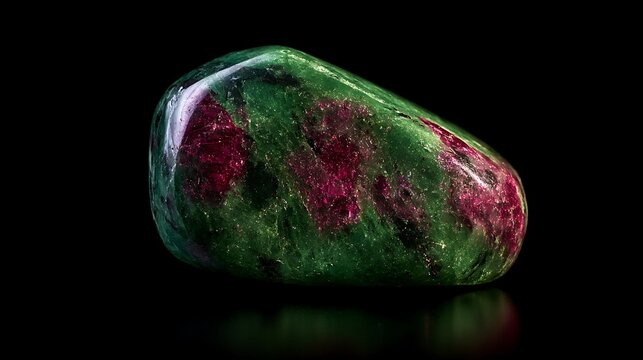 Beautiful Polished Ruby in Zoisite Gemstone Specimen on Black Background.