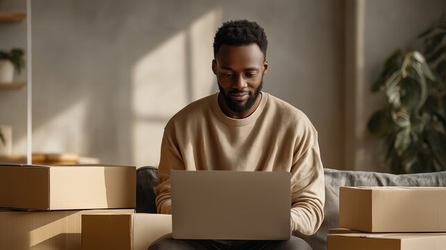 man using laptop at home surrounded by stacked cardboard shipping boxes
