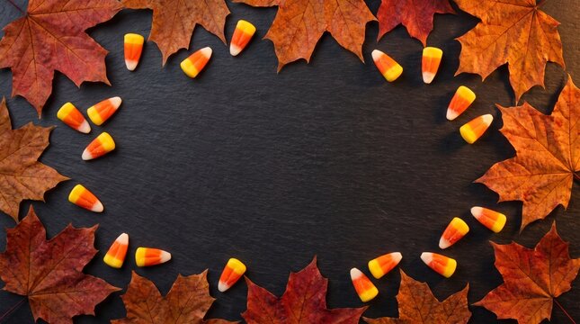 Vibrant fall foliage and sweet candy corn border for seasonal design