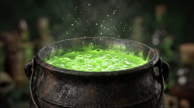 Bubbling green potion in a cast iron cauldron for magic