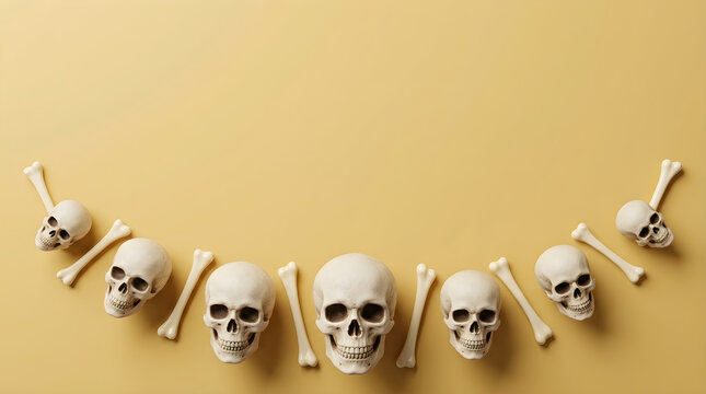Minimalist Halloween flat lay featuring realistic human skulls and bones arranged in a decorative arc on yellow background