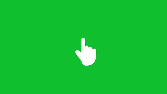 Animated white hand cursor clicking isolated on a bright green chroma key background, for seamless digital, interface integration, user, experience web development, and interactive media projects