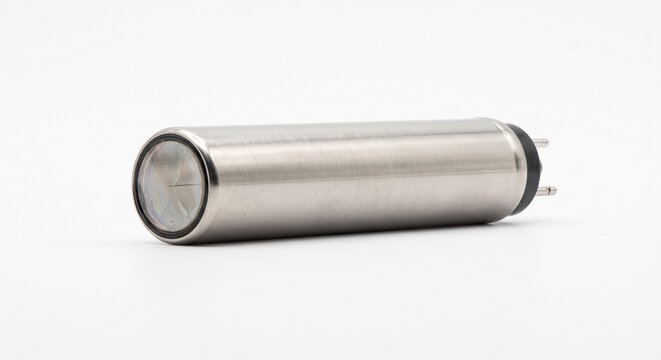 Macro photograph of a bare Geiger-Muller counter tube. Metallic gas cylinder with mica window for ionizing radiation detection. Scientific hardware isolated on white background.