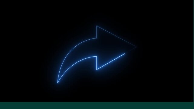 Glowing neon share icon animation with curved arrow on a black background 4 k video animation.