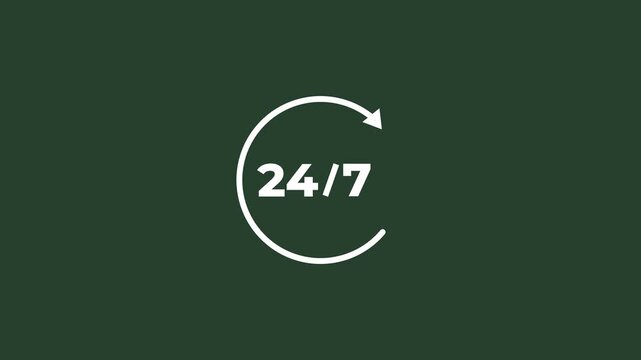 24 hours 7 days clock timer icon animation,All time service with on a teal background 4k video animation,