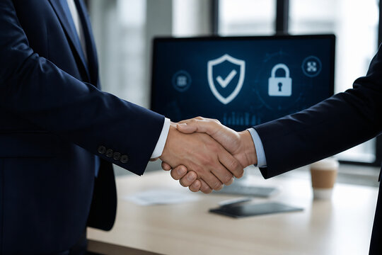 Two men in suits are shaking hands over a desk with a digital screen displaying security icons in the background.