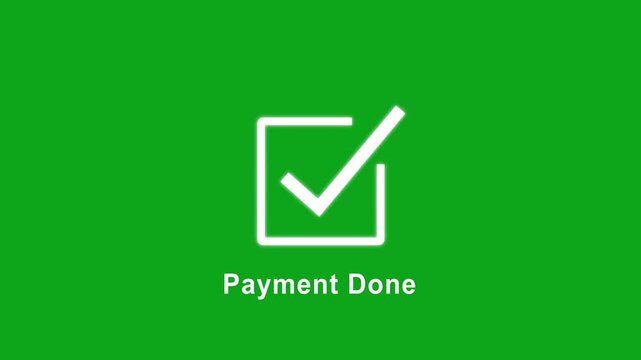 Animated payment done confirmation with green screen background, for seamless digital, transaction ui integration, financial success symbol, for e-commerce checkout, and mobile banking apps