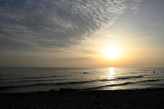 Sundown at tuscany beach. Marina di Torre del Lago Puccini, Tuscany, Italy.