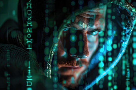 Close Up Portrait of Hooded Hacker Face Covered in Glowing Green Digital Matrix Code