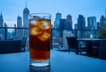 Naklejka premium Urban lifestyle and evening relaxation, glass of iced tea on a rooftop terrace overlooking a city skyline at twilight with blurred skyscrapers