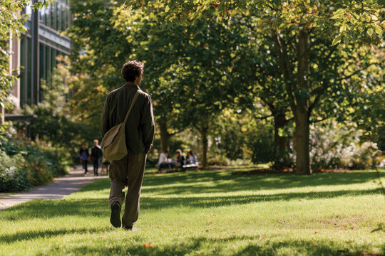 A solitary figure walks through a sun-drenched park surrounded by lush greenery and vibrant autumn colors, evoking feelings of tranquility and reflection in nature.