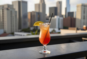 Naklejka premium Happy hour and urban lifestyle, refreshing cocktail drink on a rooftop bar terrace with city skyline background during sunset for summer vacation travel