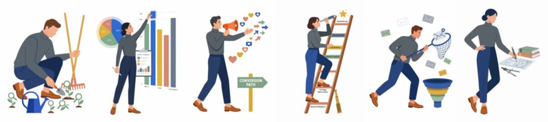 Fototapeta premium Set of Business People Character Illustrations Representing Marketing, Data Analysis, Strategic Planning, and Company Growth Concepts