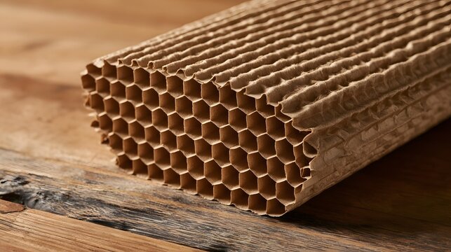Close up of brown paper honeycomb cushioning material resting on a wooden surface with warm lighting