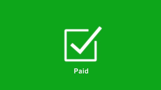 Paid status animation featuring a clean white checkmark inside a square box on a solid green background, financial transactions, e-commerce confirmations, and digital ui