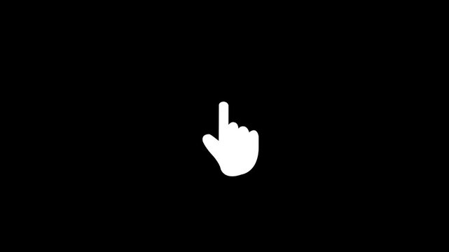 Minimalist white hand cursor pointer clicking animation on solid black background, for user interface, digital interaction, web, navigation, software tutorials, and interactive media projects