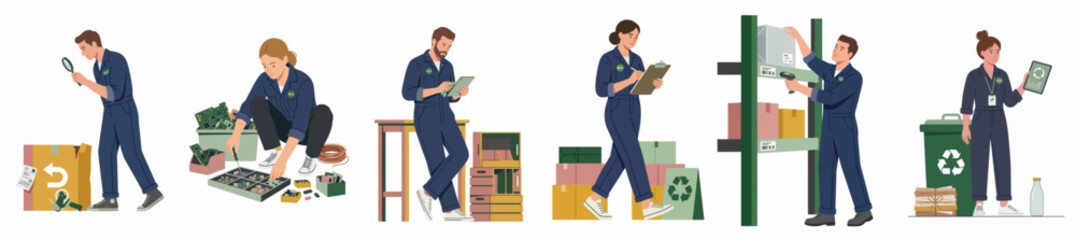 Fototapeta premium Set of warehouse workers in blue uniforms performing various tasks including quality control, sorting, and waste recycling in a sustainable logistics environment.