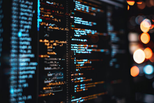 Macro View of Software Development Code Lines on Dark Screen with City Bokeh Background