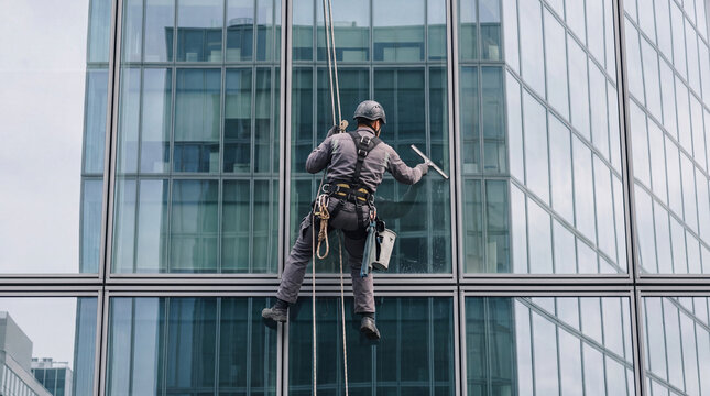 An industrial climber wearing a safety harness cleans exterior glass windows on a skyscraper facade while suspended by rope. Concept of window cleaning, rope access, and building maintenance.