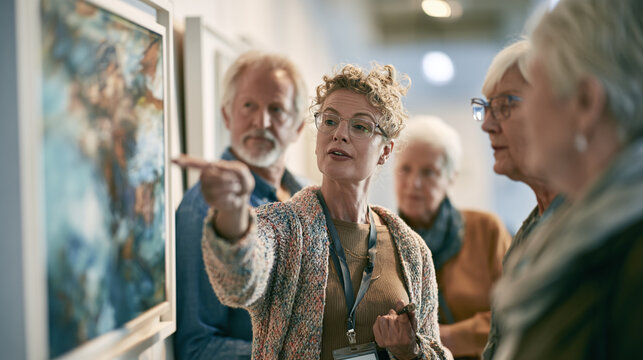 Tour guide lead a group of seniors through an art gallery exhibition