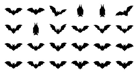 Fototapeta premium Bat set with flying silhouettes featuring nocturnal animals, Halloween theme, dark shapes with isolated figures and black wings