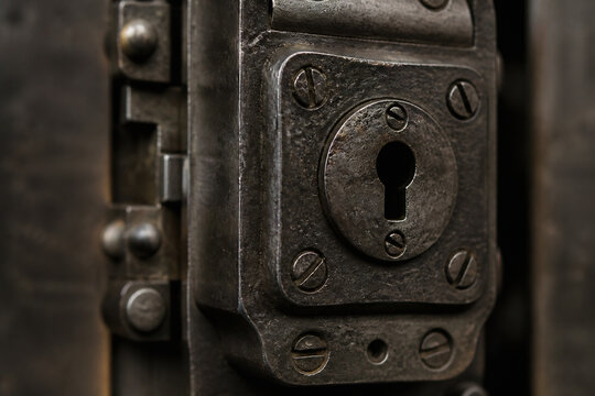 A close-up of an antique, weathered metal lock mechanism on a dark wooden surface.