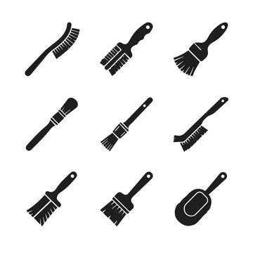 Set of black silhouette paint brushes and cleaning tools icons with paint brush
