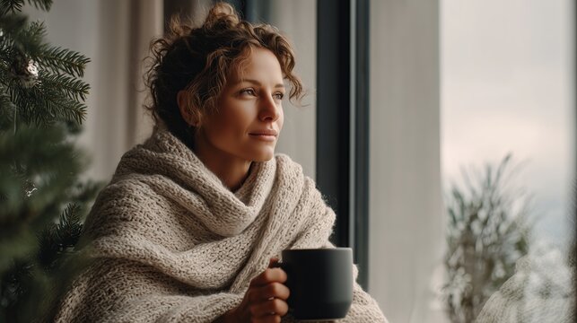woman wrapped in warm blanket holding coffee mug looking out window near christmas tree