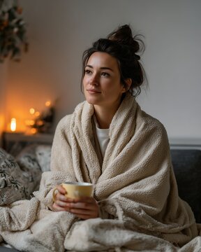 young woman wrapped in blanket relaxing on couch with hot drink near fairy lights