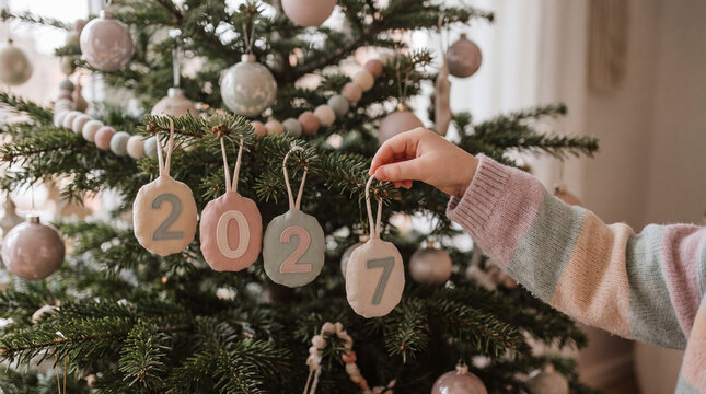 A child decorates the Christmas tree with ornaments bearing the inscription "2027" ahead of the New Year. A concept representing the holiday season, pre-New Year preparations, New Year's Eve, and Chri