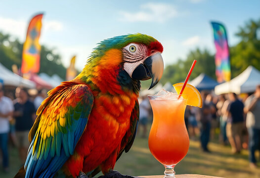 Summer vacation and tropical travel, colorful macaw parrot with a refreshing fruit cocktail at an outdoor music festival or beach party event
