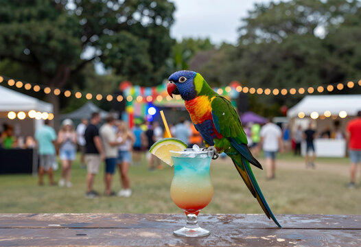 Summer vacation and tropical travel, colorful lorikeet parrot perched on a layered cocktail glass at an outdoor music festival with blurred crowd