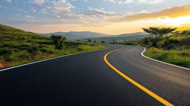 Winding Road to Serenity: A smooth asphalt road curves through rolling green hills under a serene sky at sunrise, inviting exploration and journey.